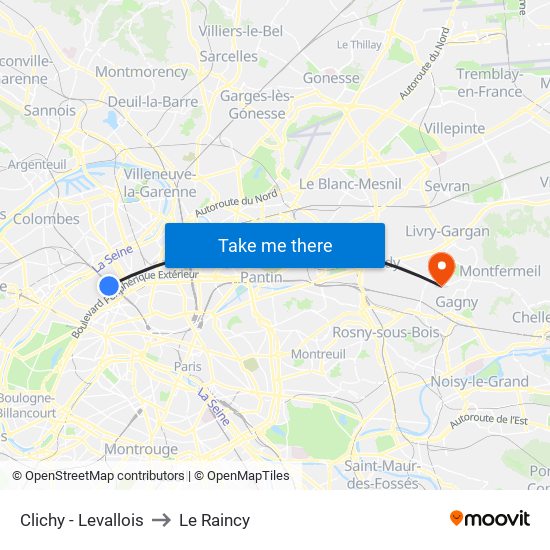 Clichy - Levallois to Le Raincy map