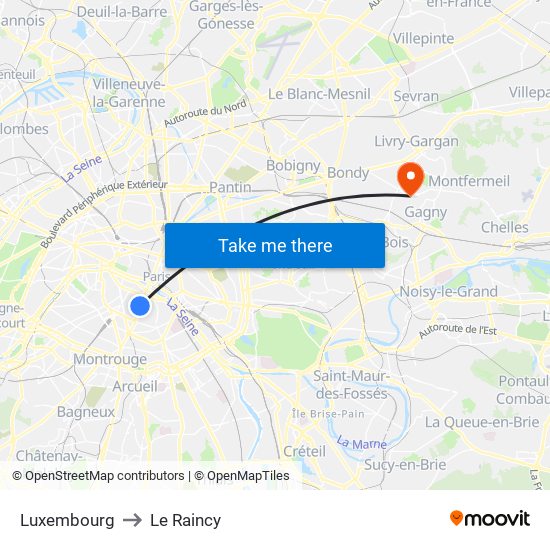 Luxembourg to Le Raincy map