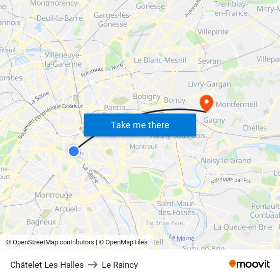 Châtelet Les Halles to Le Raincy map