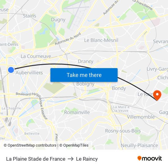 La Plaine Stade de France to Le Raincy map