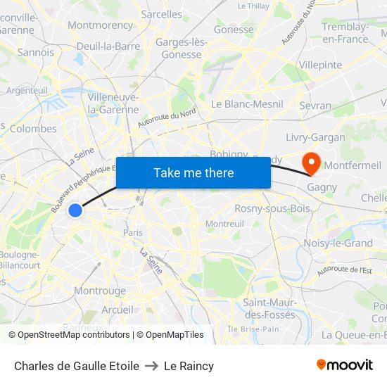 Charles de Gaulle Etoile to Le Raincy map