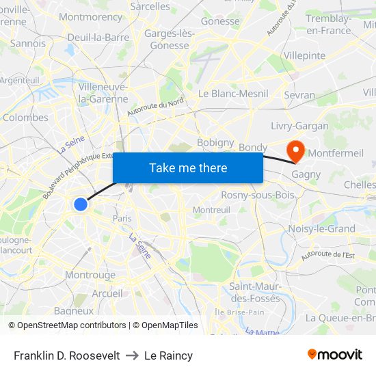 Franklin D. Roosevelt to Le Raincy map