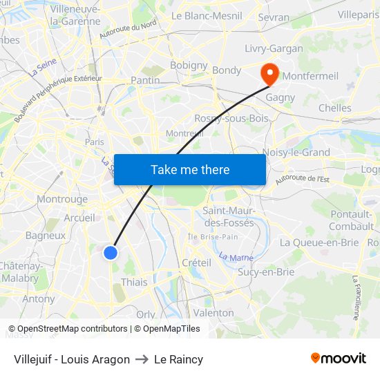 Villejuif - Louis Aragon to Le Raincy map