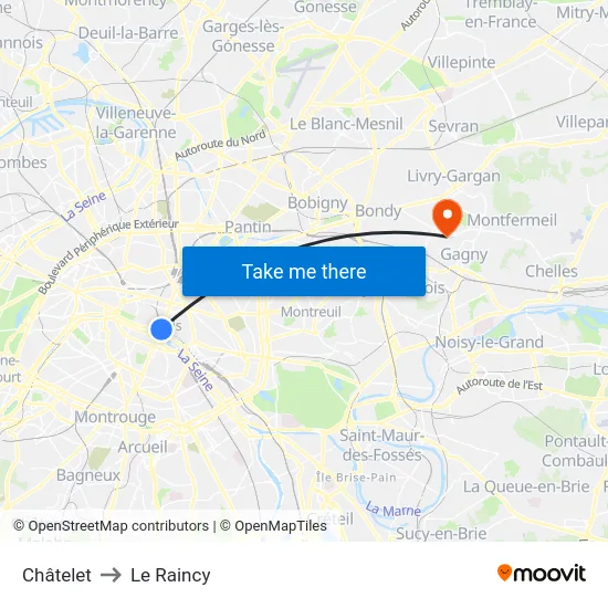 Châtelet to Le Raincy map