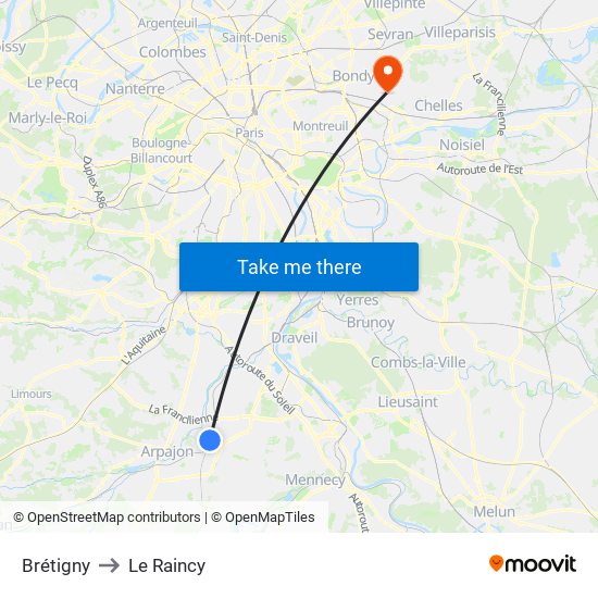 Brétigny to Le Raincy map
