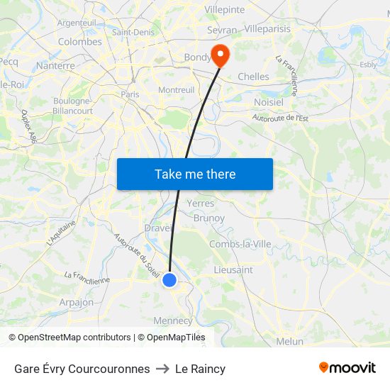Gare Évry Courcouronnes to Le Raincy map