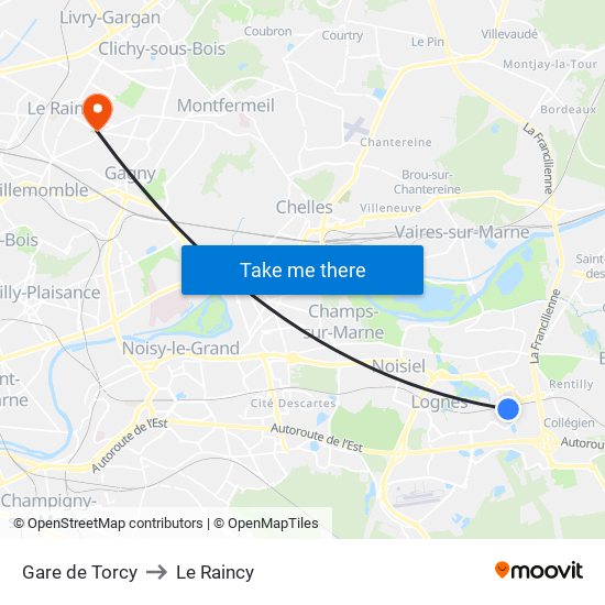 Gare de Torcy to Le Raincy map