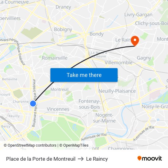 Place de la Porte de Montreuil to Le Raincy map