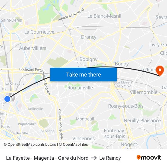 La Fayette - Magenta - Gare du Nord to Le Raincy map