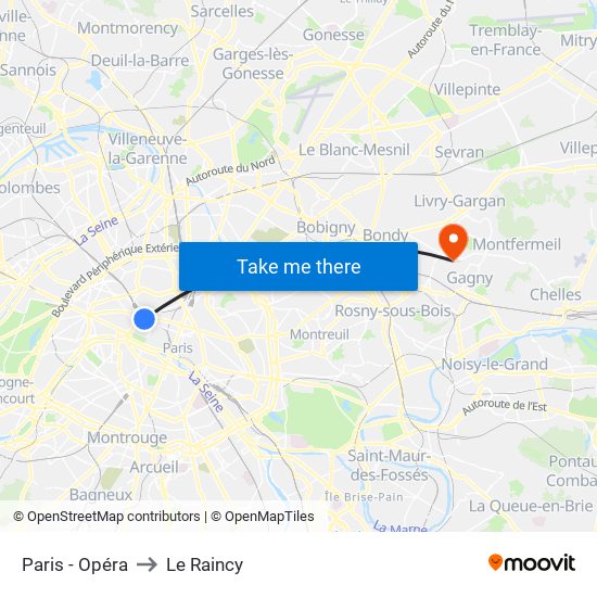 Paris - Opéra to Le Raincy map