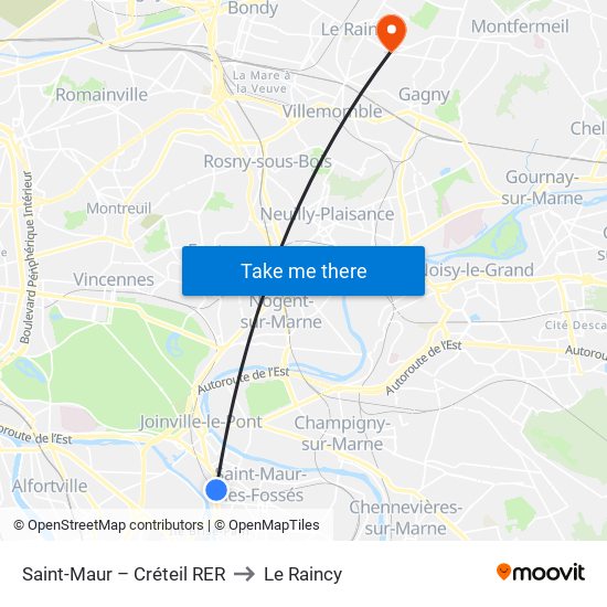 Saint-Maur – Créteil RER to Le Raincy map