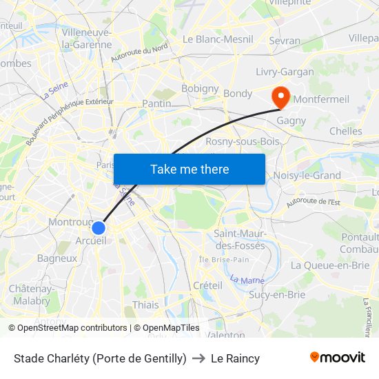 Stade Charléty (Porte de Gentilly) to Le Raincy map