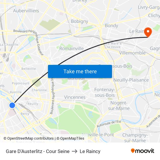 Gare D'Austerlitz - Cour Seine to Le Raincy map