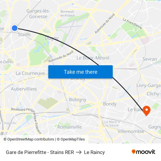 Gare de Pierrefitte - Stains RER to Le Raincy map