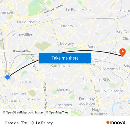 Gare de L'Est to Le Raincy map