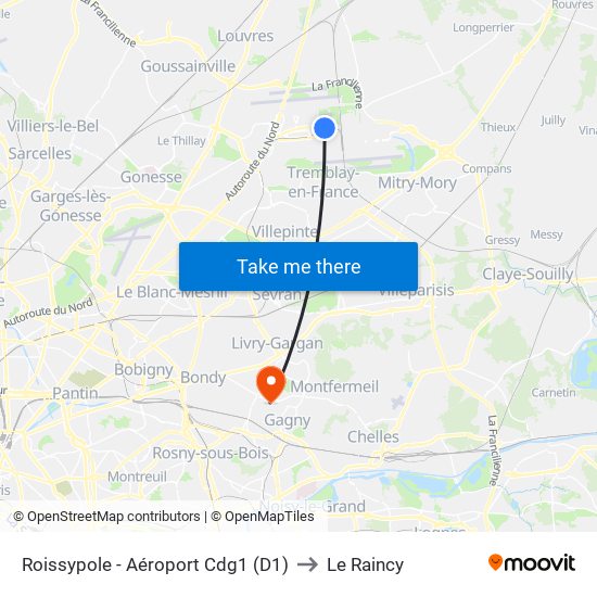 Roissypole - Aéroport Cdg1 (D1) to Le Raincy map