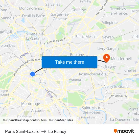 Paris Saint-Lazare to Le Raincy map