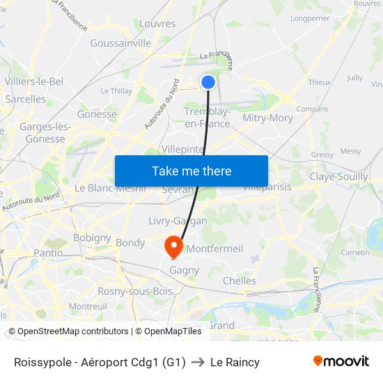 Roissypole - Aéroport Cdg1 (G1) to Le Raincy map