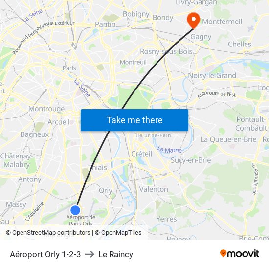 Aéroport Orly 1-2-3 to Le Raincy map