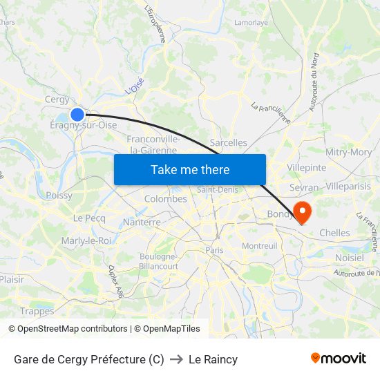 Gare de Cergy Préfecture (C) to Le Raincy map