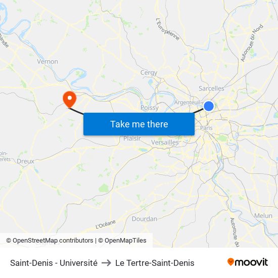 Saint-Denis - Université to Le Tertre-Saint-Denis map