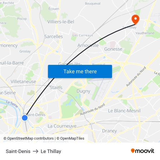 Saint-Denis to Le Thillay map