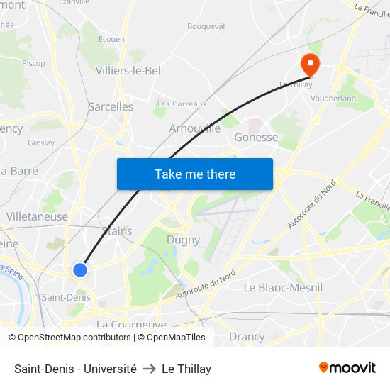 Saint-Denis - Université to Le Thillay map