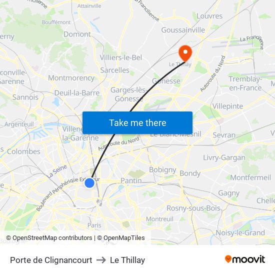 Porte de Clignancourt to Le Thillay map