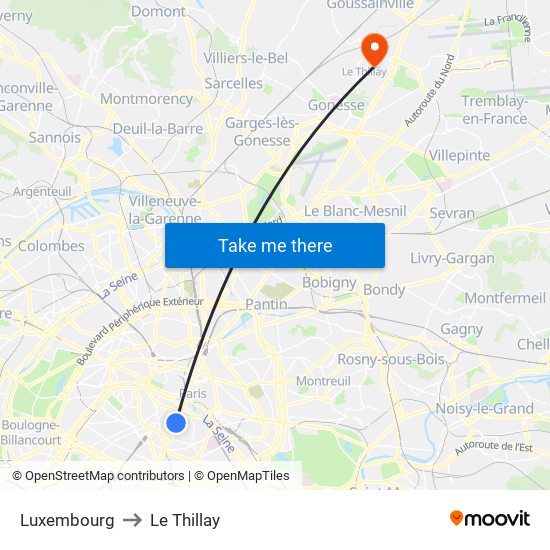 Luxembourg to Le Thillay map