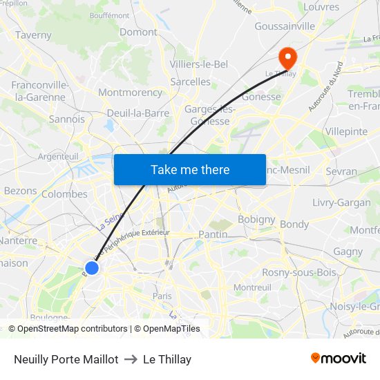 Neuilly Porte Maillot to Le Thillay map