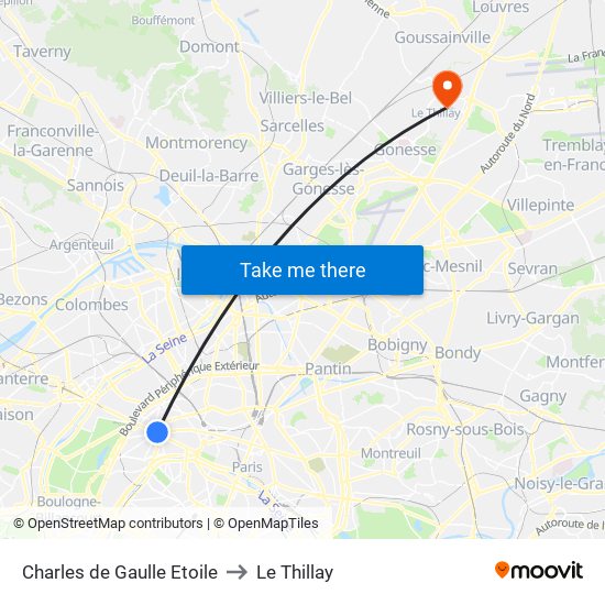 Charles de Gaulle Etoile to Le Thillay map