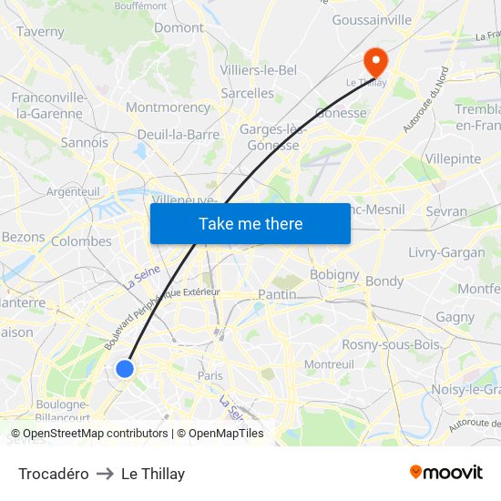 Trocadéro to Le Thillay map