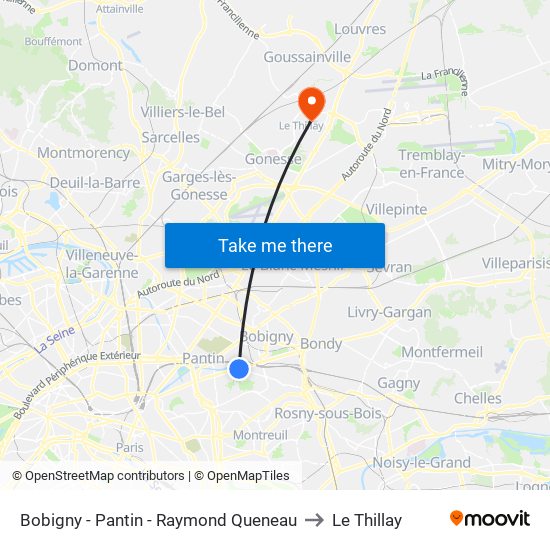 Bobigny - Pantin - Raymond Queneau to Le Thillay map