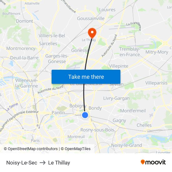 Noisy-Le-Sec to Le Thillay map