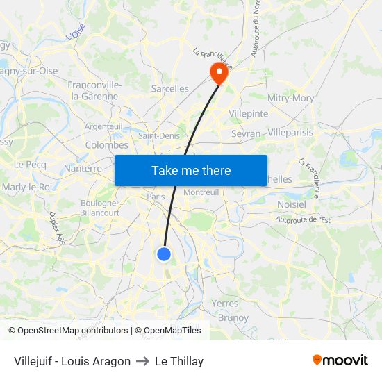 Villejuif - Louis Aragon to Le Thillay map
