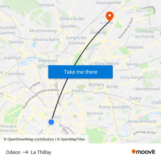 Odéon to Le Thillay map