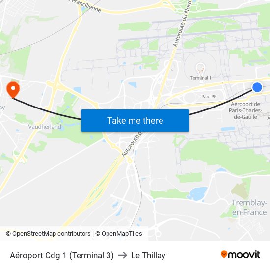 Aéroport Cdg 1 (Terminal 3) to Le Thillay map