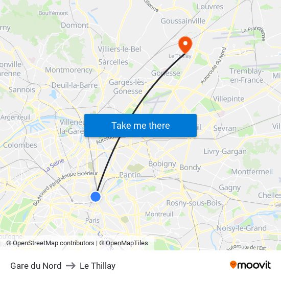 Gare du Nord to Le Thillay map