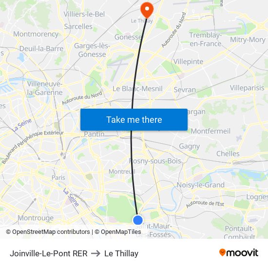 Joinville-Le-Pont RER to Le Thillay map