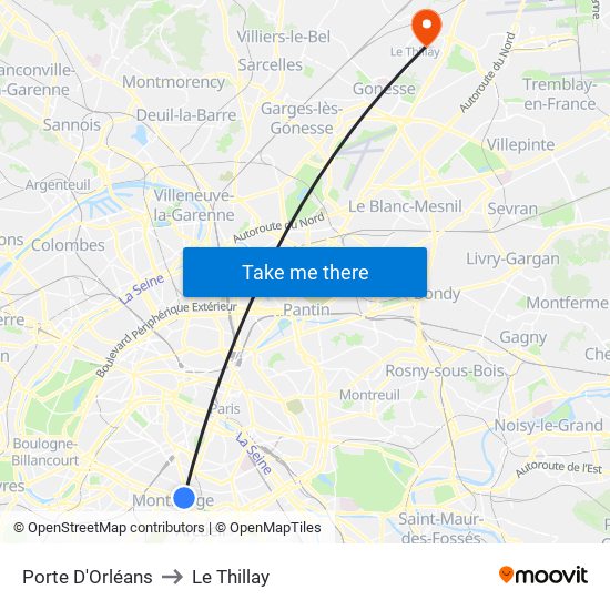 Porte D'Orléans to Le Thillay map