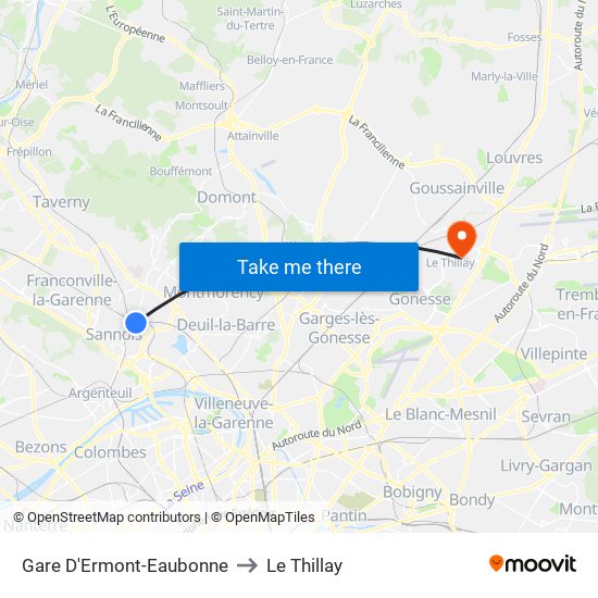 Gare D'Ermont-Eaubonne to Le Thillay map