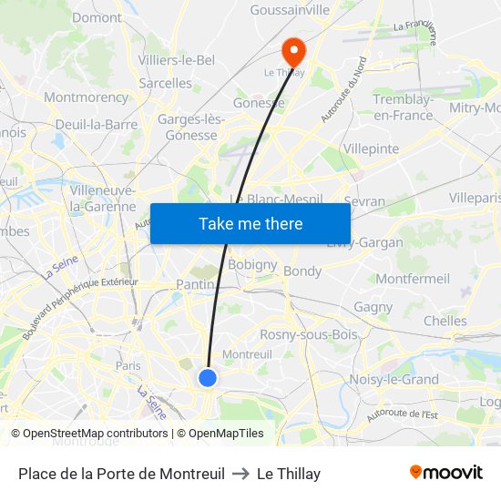 Place de la Porte de Montreuil to Le Thillay map