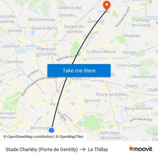 Stade Charléty (Porte de Gentilly) to Le Thillay map