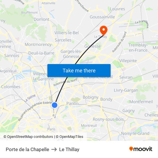 Porte de la Chapelle to Le Thillay map