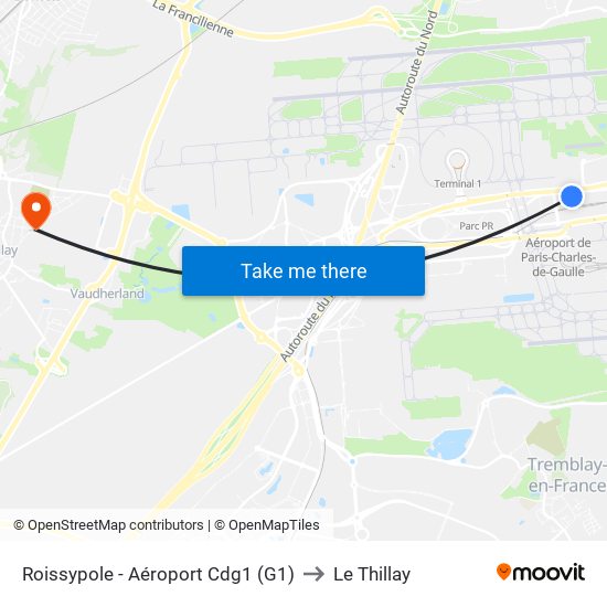 Roissypole - Aéroport Cdg1 (G1) to Le Thillay map