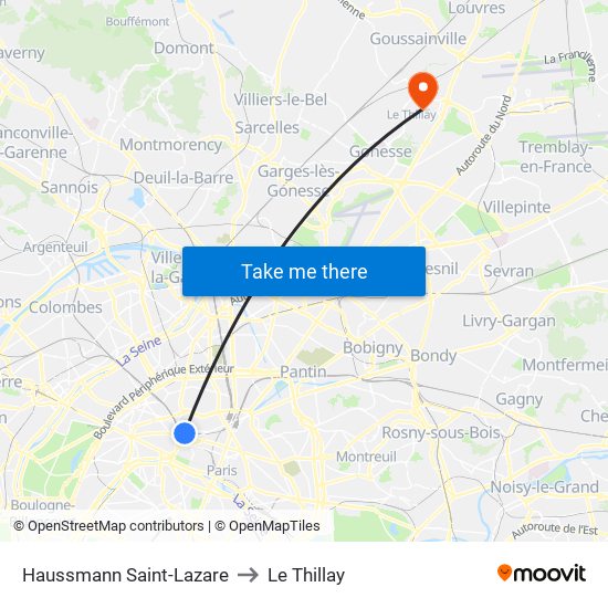 Haussmann Saint-Lazare to Le Thillay map