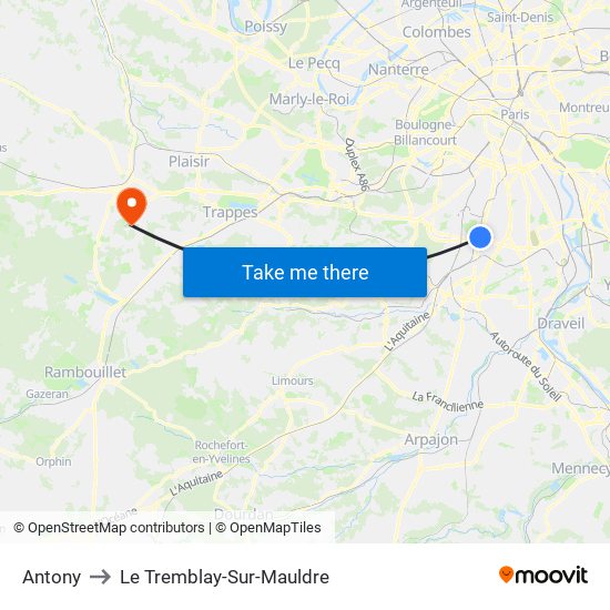 Antony to Le Tremblay-Sur-Mauldre map