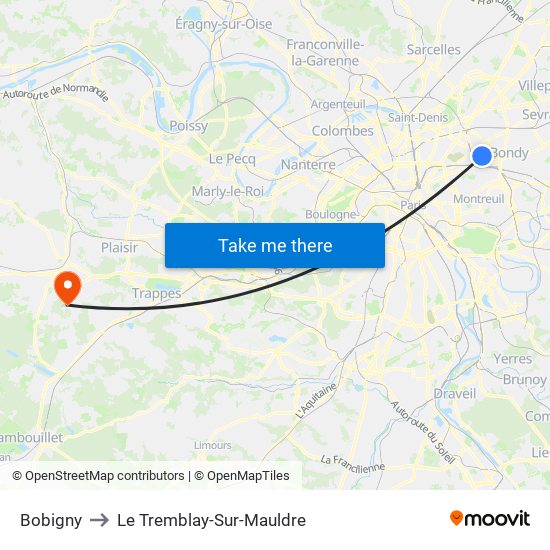 Bobigny to Le Tremblay-Sur-Mauldre map