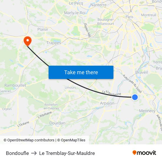Bondoufle to Le Tremblay-Sur-Mauldre map