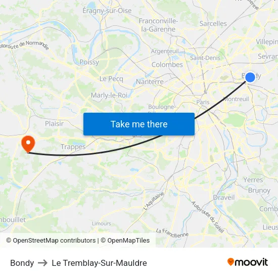 Bondy to Le Tremblay-Sur-Mauldre map
